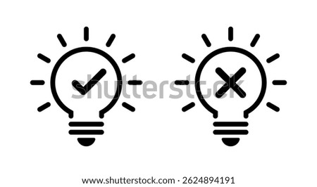 Light bulb check and cross mark icon. Business lamp with checkmark and x sign symbol