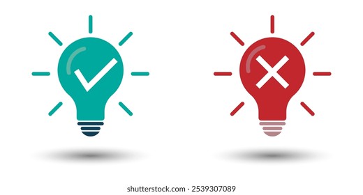 Light bulb with check mark or approval and cross X mark creative thinking ideas isolated on background illustration.