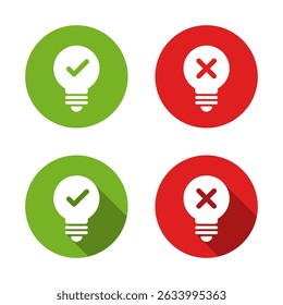 Light bulb with check mark and cross x icon with long shadow