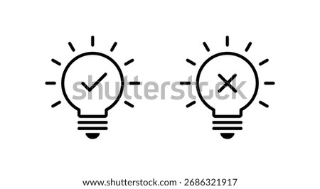 Light bulb with check mark and cross icon. Idea approval and rejection symbol