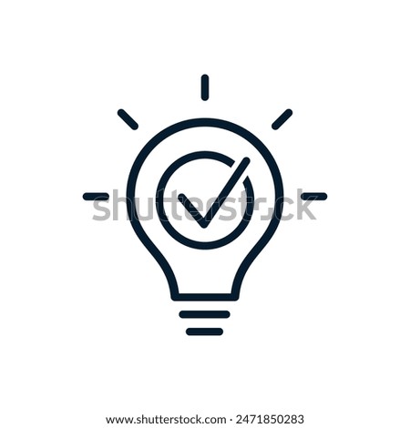 Light bulb with a check mark in a flat style. Symbol of a successful idea. Vector linear icon isolated on a white background.