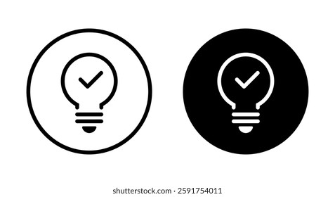 Light bulb check mark icon on black circle. Lamp with tick sign symbol