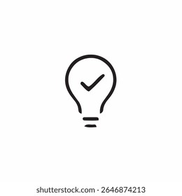 Lâmpada com ícone de marca de verificação - Símbolo de ideia verificada, ideia aprovada, solução, inovação, sucesso, criatividade, arte de linha simples, negócios, educação, vetor