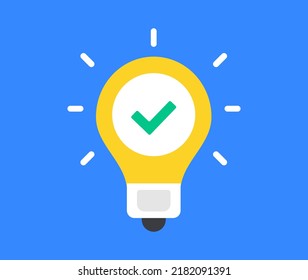 Light bulb and check mark. Idea, solution concepts. Vector illustration