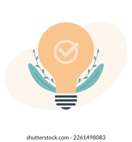 Light bulb and check mark. Idea, solution concepts. Vector flat illustration
