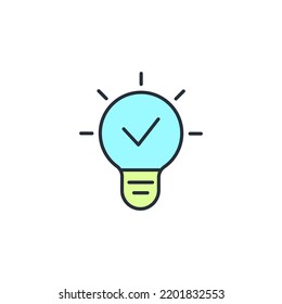 Bombilla y marca de verificación icono de línea. Ilustración de elemento simple. Bombilla y marca de verificación diseño de símbolos de contorno.