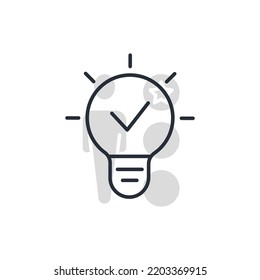 Bombilla y marca de verificación icono de línea. Ilustración de elemento simple. Bombilla y marca de verificación diseño de símbolos de contorno.