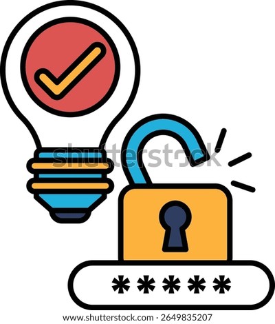 A light bulb with a check mark on it is next to a lock. The lock is open and the light bulb is glowing. Concept of unlocking a new idea or concept