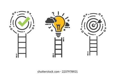 Light bulb, check mark and target, symbols of success, climbing to victory, icon, vector.