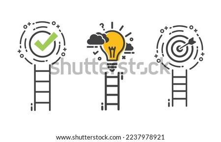 Light bulb, check mark and target, symbols of success, climbing to victory, icon, vector.