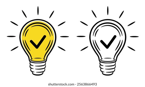 Light bulb with checkmark, creative idea, success solution check mark, quick tips line icon. Electric lightbulb, approved tick. Good choice confirmation. Important fact, innovation information. Vector