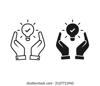 Light bulb with checkmark in hand. Brilliant idea. Vector illustration