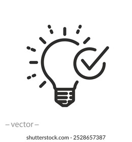 lâmpada com ícone de marca de seleção, ilustração de vetor de linha fina