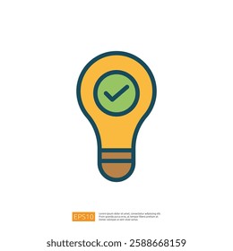 a light bulb with a checkmark inside, symbolizing ideas, solutions, or confirmed concepts. It represents creativity and innovation in a simple graphic style. Flat line style icon