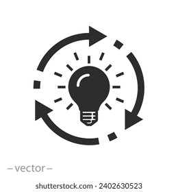 light bulb with circle arrows icon, idea implementation process, clean energy recycling, line symbol on white background - vector illustration