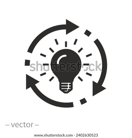 light bulb with circle arrows icon, idea implementation process, clean energy recycling, line symbol on white background - vector illustration