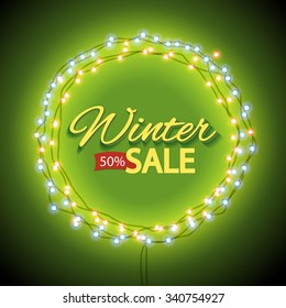 Light Bulb in a Circle. Frame with Lights, seasonal discounts. Scalable with bright light  as a frame for text. Winter promotions, discounts and offers for your business. Volume label. Vector 