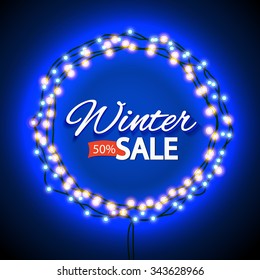 Light Bulb in a Circle. Frame with Lights, seasonal discounts. Scalable with bright light  as a frame for text. Winter promotions, discounts and offers for your business. Volume label. Vector 