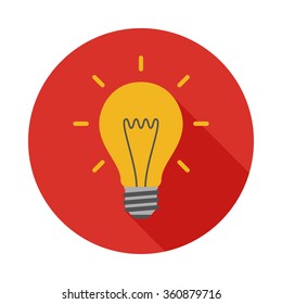 Light bulb circle icon with long shadow. Flat design style. Light bulb simple silhouette. Modern, minimalist, round icon in stylish colors. Web site page and mobile app design vector element.