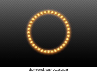 Light bulb circle. Round lights frame on transparent background. Illuminated round realistic casino banner with lamps isolated. Vector shiny translucent glowing boarder for advertising design