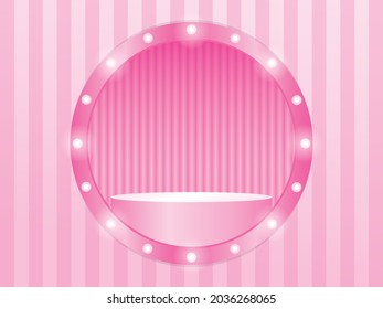 marco de visualización de la ventana circular de la bombilla de luz con soporte de producto sobre la pared rayada rosa pastel 3d vector de ilustración para poner el objeto