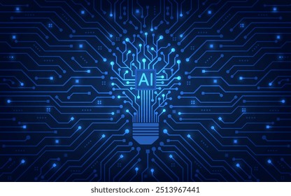 O circuito da lâmpada com chip AI na placa-mãe do circuito. Ideia e inovação da IA. Inteligência artificial e conceito de tecnologia de aprendizagem de máquina. Ilustração de vetor.