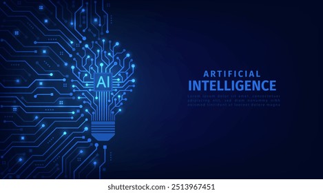 The light bulb circuit with AI chip on the circuit motherboard. Idea and innovation by AI. Artificial intelligence and Machine learning technology concept. Vector Illustration.