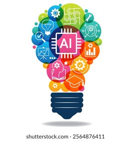 Light bulb circuit with AI chip icon. Idea and innovation by AI. Artificial intelligence and Machine learning technology concept. Vector Illustration.