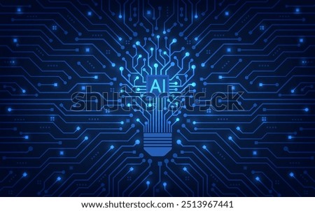 The light bulb circuit with AI chip on the circuit motherboard. Idea and innovation by AI. Artificial intelligence and Machine learning technology concept. Vector Illustration.