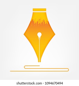 Light bulb and city in pen. Creative idea concept , vector art and illustration.