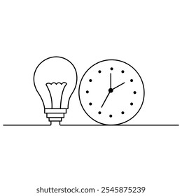 Light bulb clock icon  continuous one line drawing  outline vector illustration 