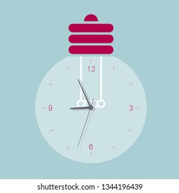 Light bulb and clock. Isolated on blue background.