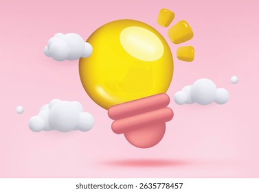 Lâmpada com nuvem isolada em pastel 3d malha e gradiente vetor ilustração fundo. O conceito de ideias de negócios, brainstorming, invenção, start-up