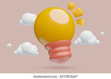 Glühbirne mit Wolken 3D-Vektorsymbol. Idee, Lösung und Einblick Konzept realistische dreidimensionale Illustration in einem niedlichen Kunststoff-Stil. 