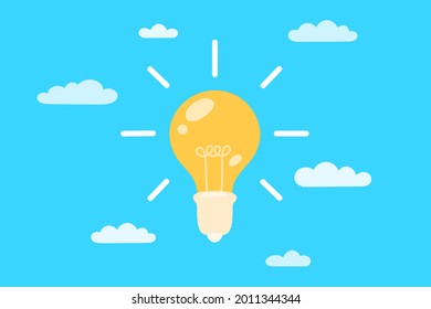Light bulb in the clouds against the sky. The concept of a creative idea, insight, problem solving. Vector illustration in flat style