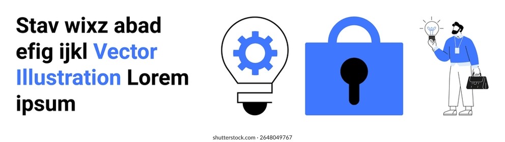 Lâmpada com roda dentada e ícone de cadeado azul ao lado de uma pessoa segurando uma lâmpada e pasta. Ideal para tecnologia, segurança, inovação, soluções empresariais, criatividade, start-ups e digital