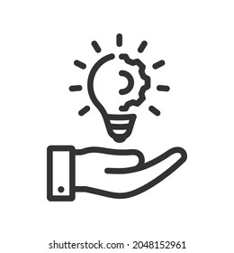 Light bulb and cogwheel on hand. Innovation, creativity, brainstorm icon design isolated on white background. Vector illustration