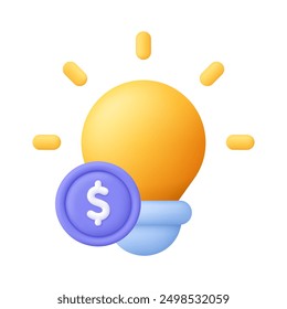Light bulb with coin. Idea, business and finance solution. 3d vector icon. Cartoon minimal style.