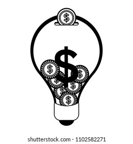 Light bulb with coins inside in black and white