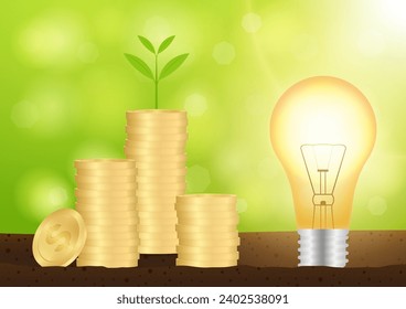 Light Bulb with Coins and Money Plant. Saving Money, Electricity and Energy. Green Energy or Renewable Energy. Eco- Friendly Concept. 