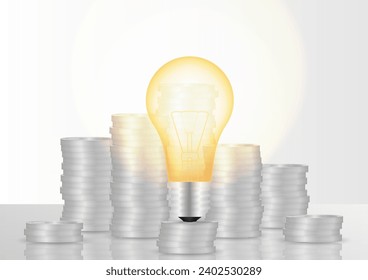 Light Bulb with Coins. Saving Money  and Electricity. Energy Saving Concept. 