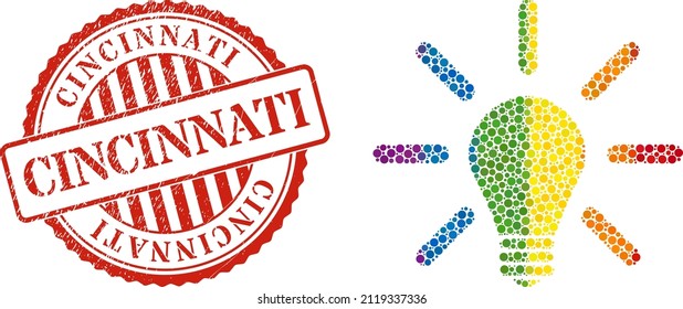 Light bulb collage icon of circle spots in variable sizes and spectrum colored shades. Red rounded textured seal stamp with Cincinnati phrase. A dotted LGBT- colored light bulb for lesbians, gays,
