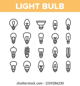 Light Bulb Collection Elements Icons Set Vector Thin Line. Electricity Energy Saving And Incandescent Light Bulb, Led And Fluorescent Lamp Concept Linear Pictograms. Monochrome Contour Illustrations