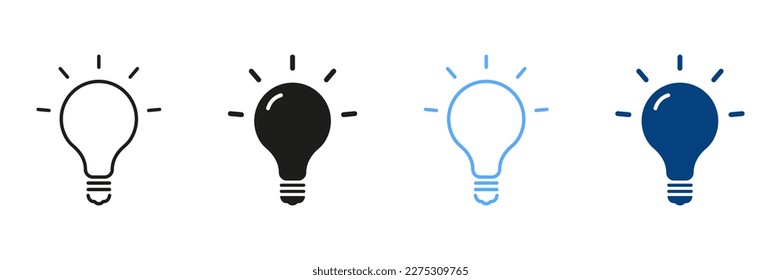 Light Bulb Color Sign Collection. Lamp Silhouette and Line Icon Set. Creative Idea Symbol. Innovation and Inspiration Concept. Isolated Vector Illustration.