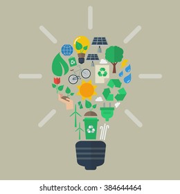 Light bulb with colorful eco icons. Vector Illustration