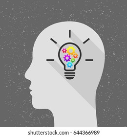 Light bulb with colorful gears and human head as thinking and creativity concept. Flat design with long shadow. 