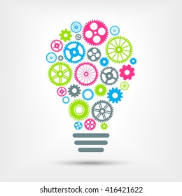 Light bulb with colorful gears inside. Vector illustration