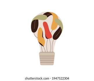 Light bulb with colorful leaves. Green idea and innovation concept. Electric lamp with growth garden inside. Eco-friendly illustration isolated on white background