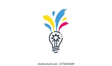 a light bulb with colorful paint splashes emerging from it, set against a white background.