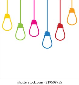 Light bulb with colorful wires hanging from the ceiling